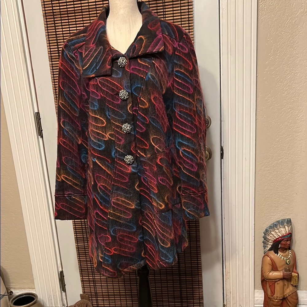 Zoe by Michael Phillips Colorful Mod Coat (6M-4420) Size LG Poly/Wool Blend EUC